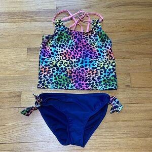 Pink Platinum Girls Blue/Multicolore Cheetah Print Bikini Set- Size 7/8